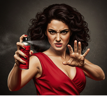 woman in red with pepper spray